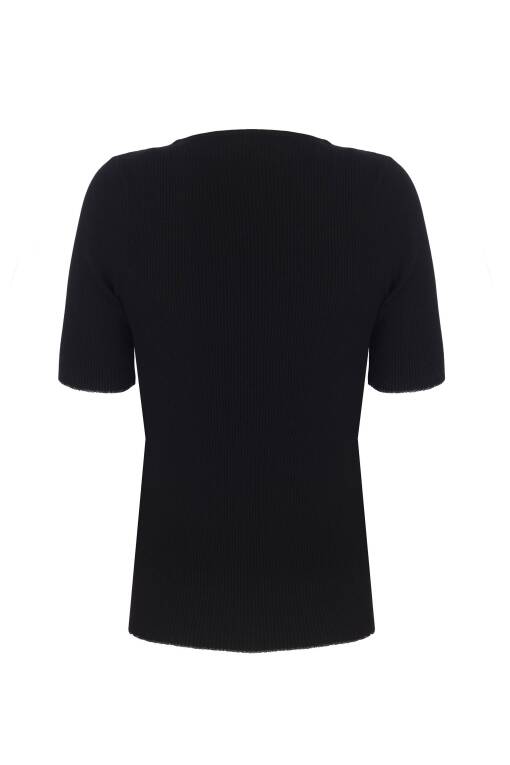Short Sleeve V-Neck Black Sweater - 5
