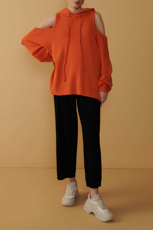 Shoulder Detailed Orange Hooded Sweater 