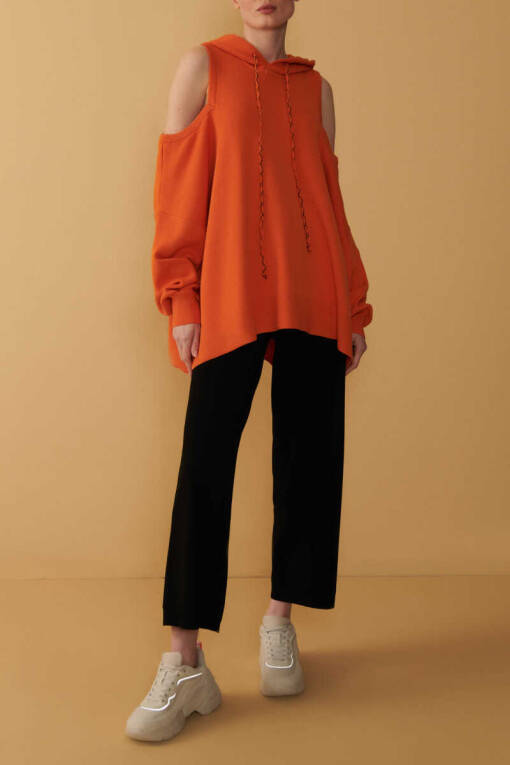 Shoulder Detailed Orange Hooded Sweater - 2