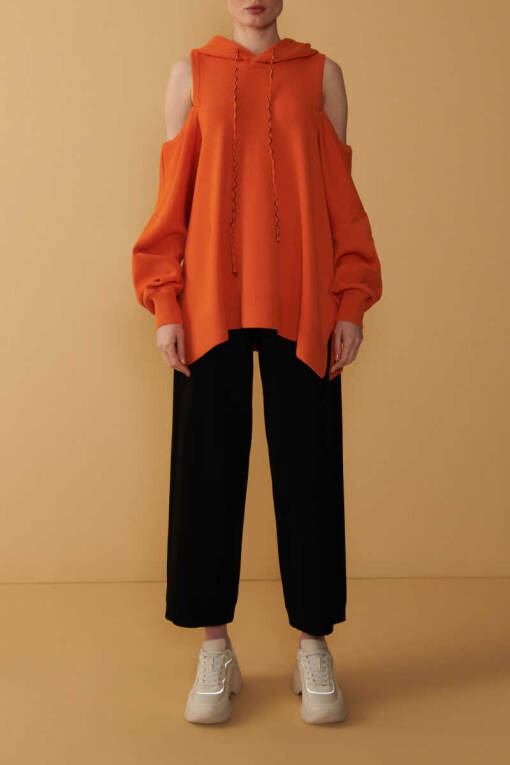 Shoulder Detailed Orange Hooded Sweater - 3