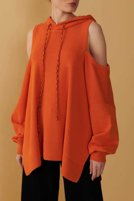 Shoulder Detailed Orange Hooded Sweater - 4