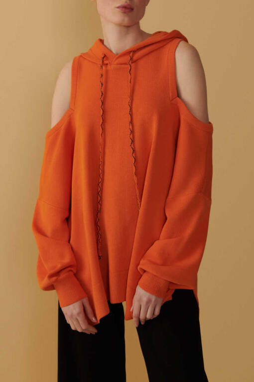 Shoulder Detailed Orange Hooded Sweater - 5