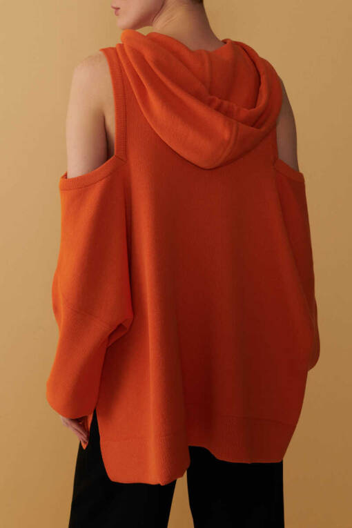 Shoulder Detailed Orange Hooded Sweater - 6