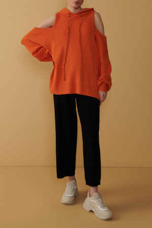 Shoulder Detailed Orange Hooded Sweater - 7