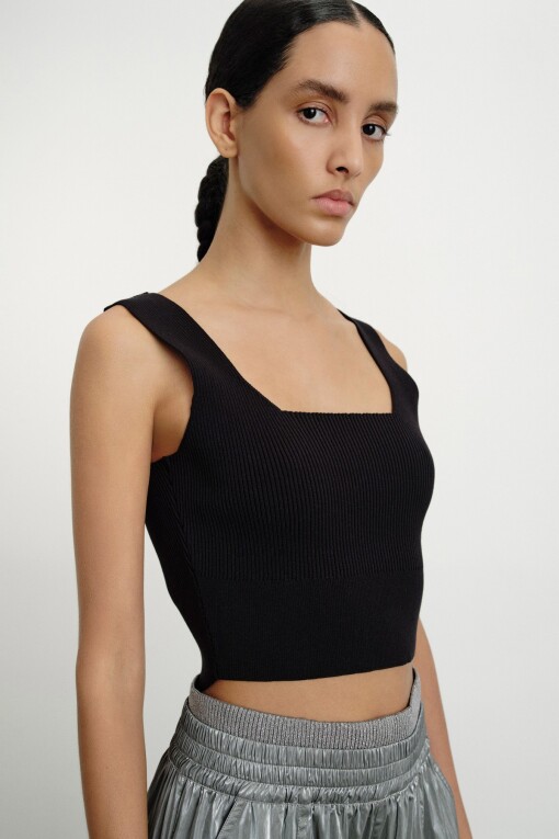 Square Neck Black Knitwear Crop Top - 1