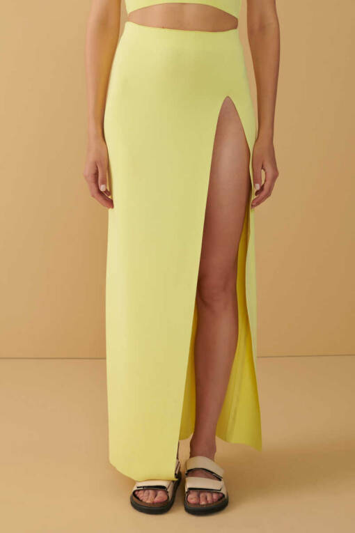 Yellow Sweater Skirt with Deep Slits - 1