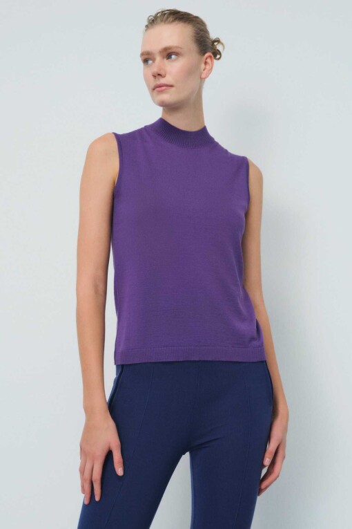 Purple Sleeveless Half Turtleneck Sweater - 1