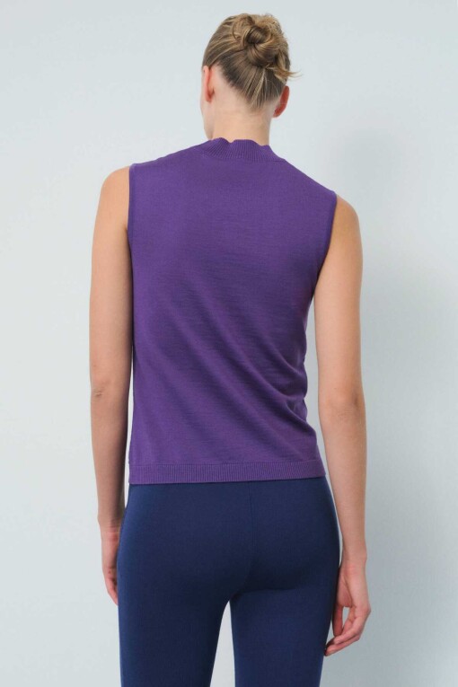 Purple Sleeveless Half Turtleneck Sweater - 4