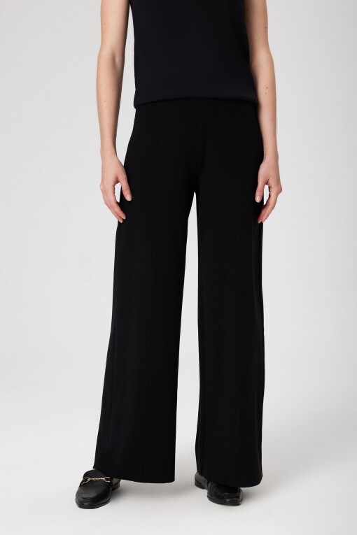 Black Ribbed Stitched Wide-Leg Women's Pants 