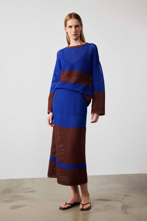 Royal Blue Brown Mercerized Midi Skirt 