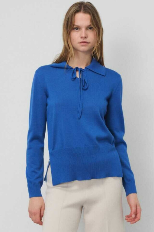 Cobalt Blue Front-Tied Polo Collar Women's Sweater 