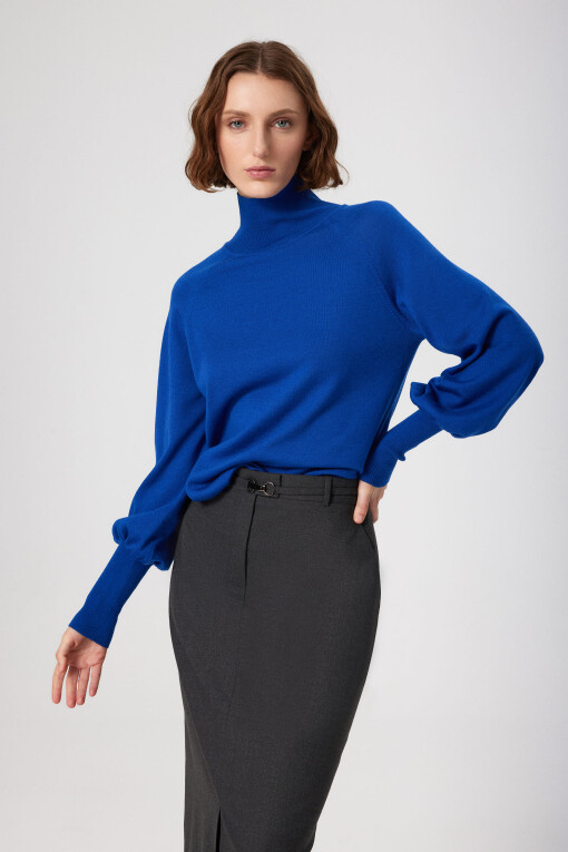 Cobalt Blue Turtleneck Long Balloon Sleeve Women's Sweater 