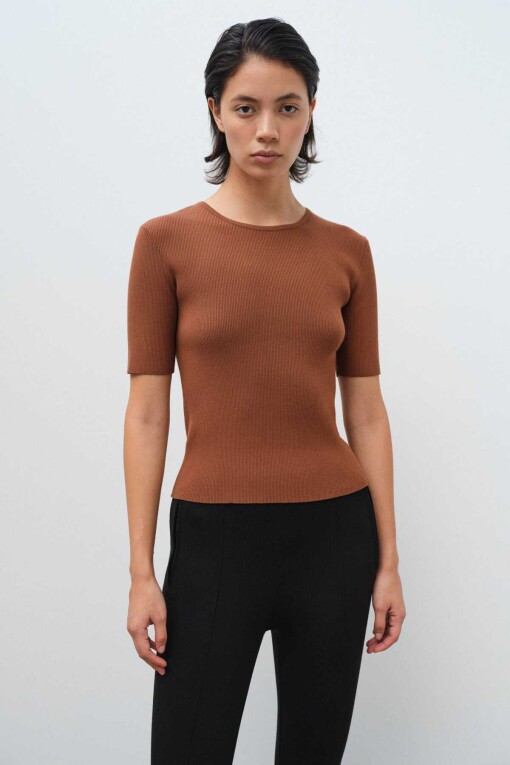 Short Sleeve Brown Knit Women's Sweater 