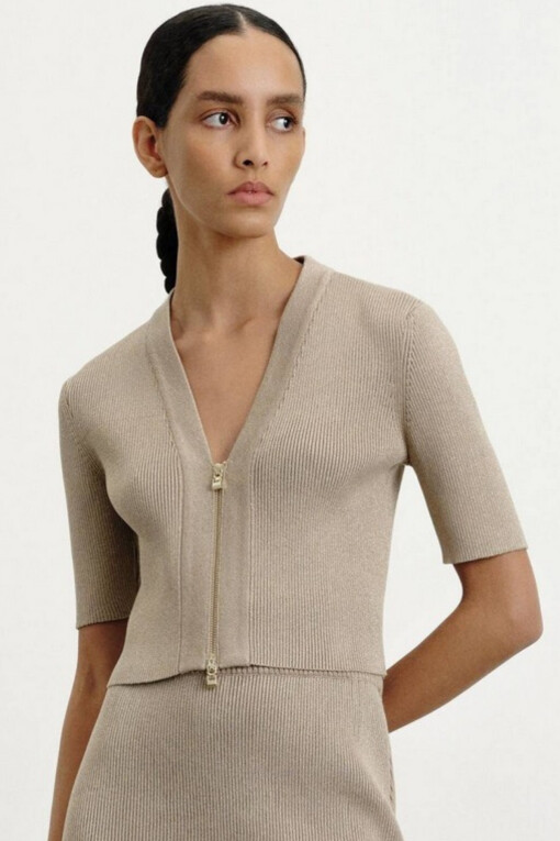 Short Sleeve Cardigan with Zipper Detail in Beige - 1