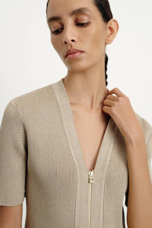 Short Sleeve Cardigan with Zipper Detail in Beige - 4