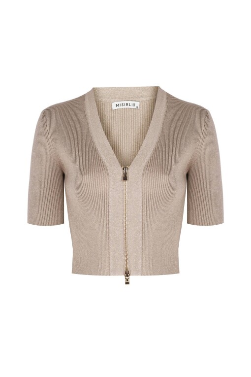 Short Sleeve Cardigan with Zipper Detail in Beige - 5