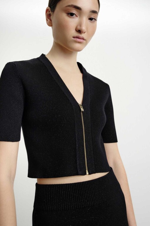 Short Sleeve Cardigan with Zipper Detail in Black - 3