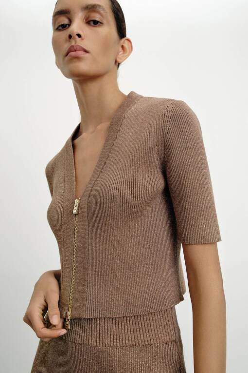 Short Sleeve Cardigan with Zipper Detail in Camel - 3