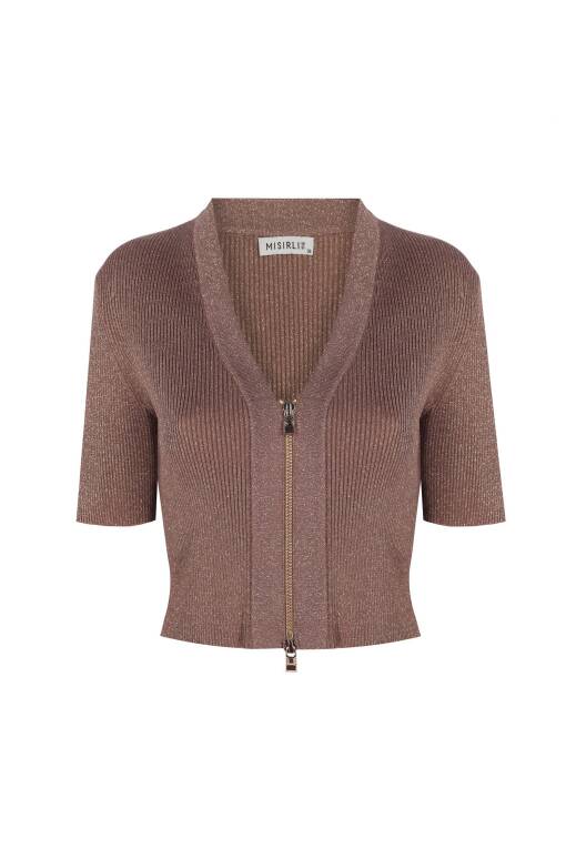 Short Sleeve Cardigan with Zipper Detail in Camel - 4
