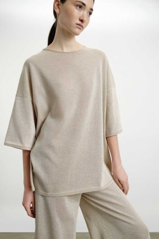 Short Sleeve Glitter Beige Knit Women's Sweater 