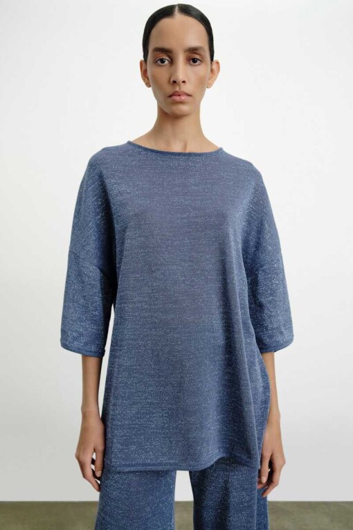 Short Sleeve Glitter Blue Knit Women's Sweater 