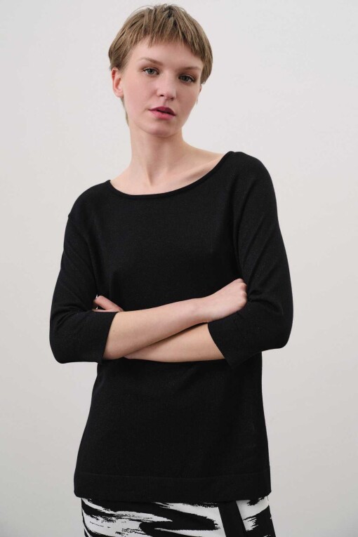 Short Sleeve Slit Long Black Knit Women's Sweater 