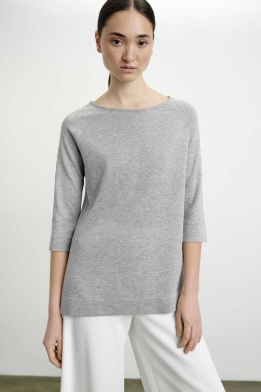 Short Sleeve Slit Long Grey Knit Women's Sweater 