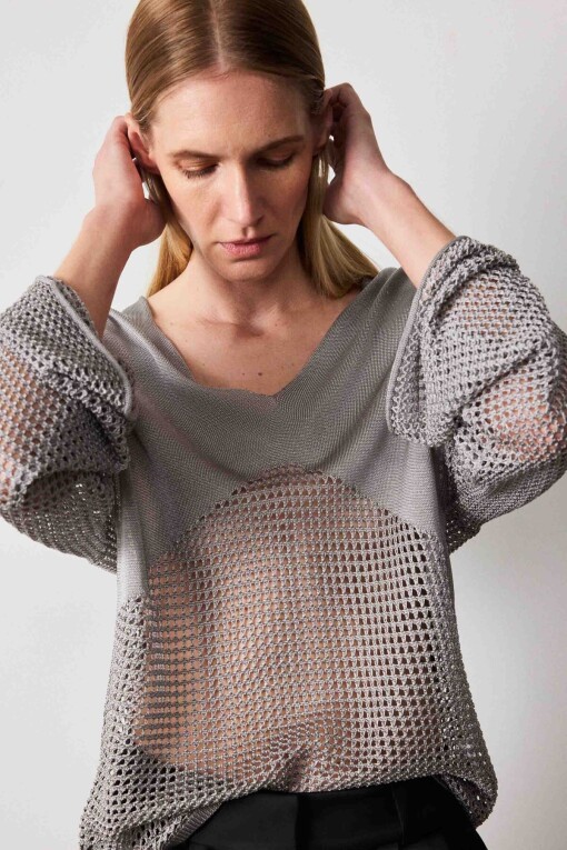 Silver Mesh Detail V-Neck Women's Sweater 