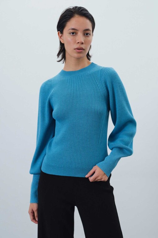 Turquoise Ribbed Crew Neck Women's Sweater 