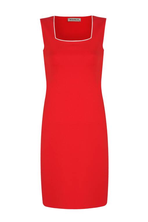 Kare Yaka Kırmızı Elbise - 4