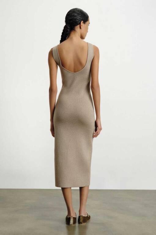 Kalın Askılı Sim Detaylı Bej Elbise - 2