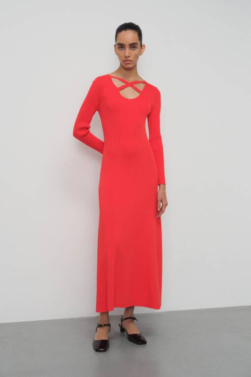 Kırmızı Uzun Triko Elbise - 1