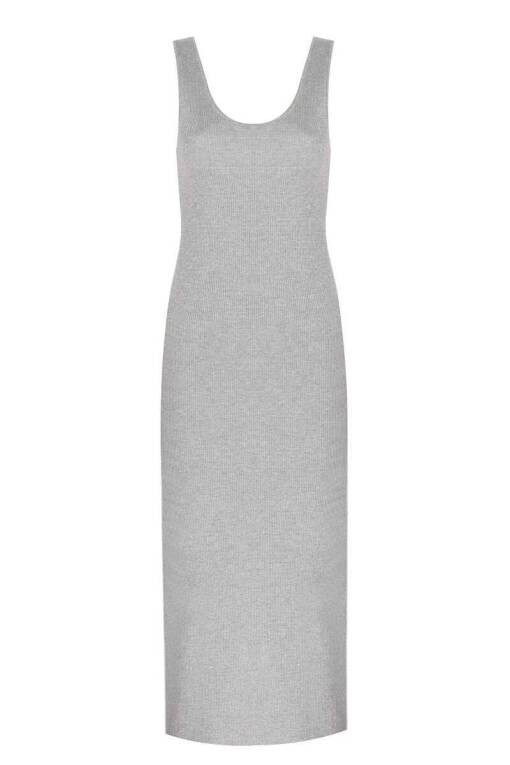 Kalın Askılı Sim Detaylı Gri Elbise - 3