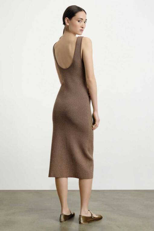 Kalın Askılı Sim Detaylı Kahverengi Elbise - 3