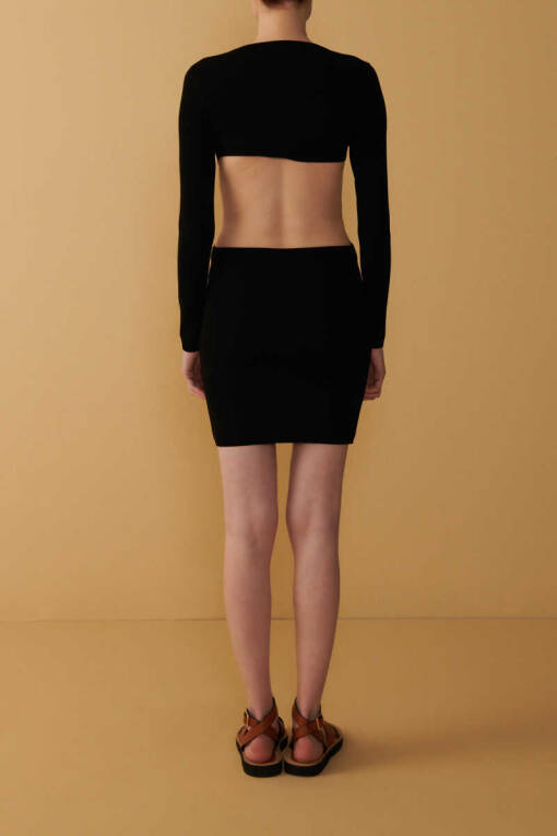 Siyah Cutout Uzun Kollu Elbise - 3