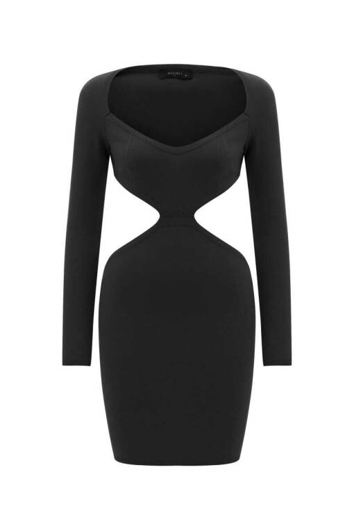 Siyah Cutout Uzun Kollu Elbise - 5