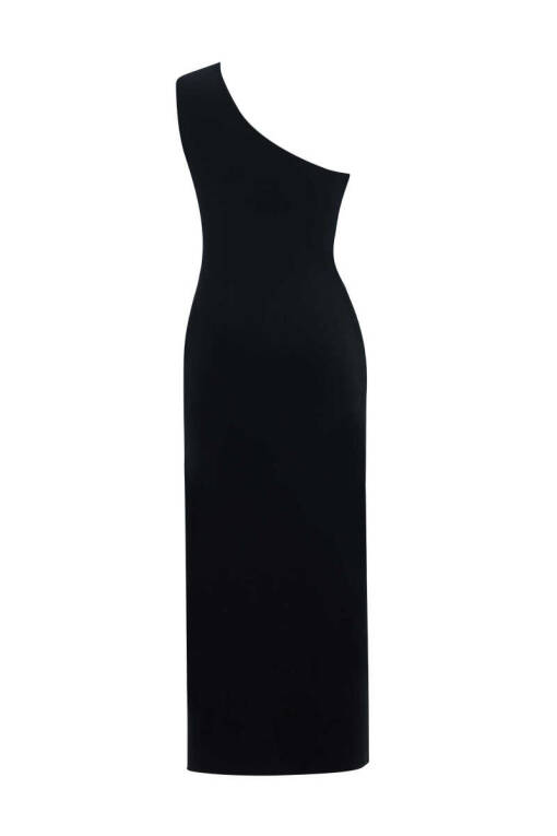 Siyah Tek Omuz Detaylı Triko Elbise - 6