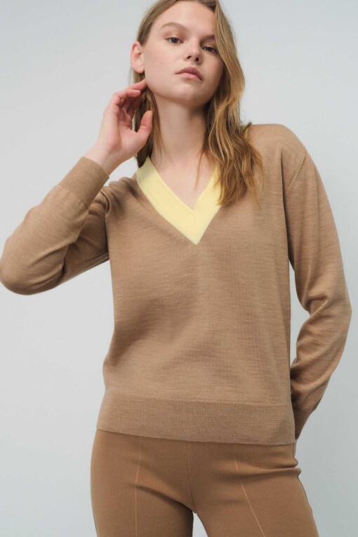V-Neck Camel Color Sweater - 2