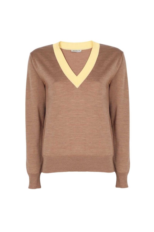 V-Neck Camel Color Sweater - 5