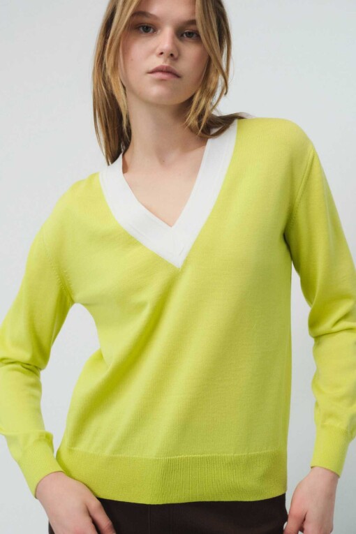 V-Neck Pistachio Green Sweater - 2