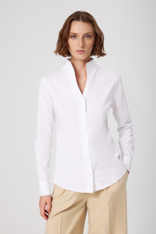 White Mandarin Collar Long Sleeve Women's Shirt 