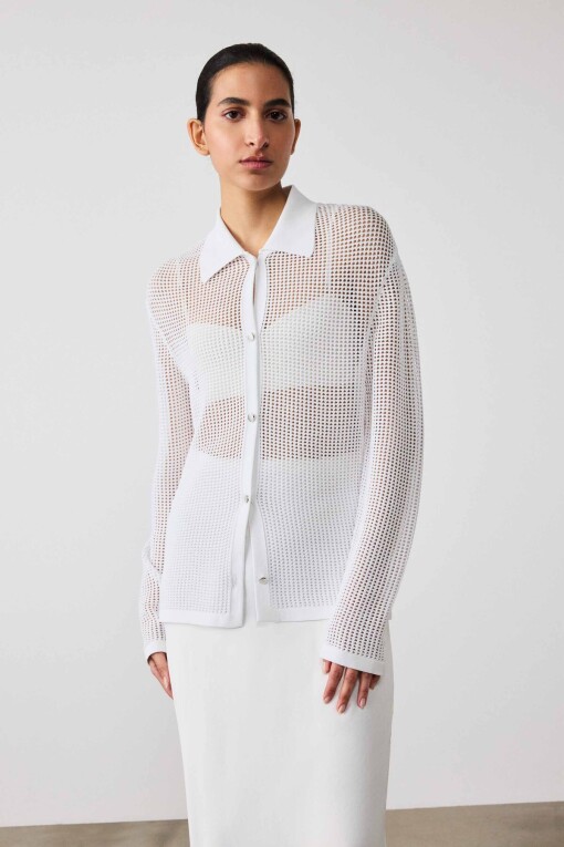 White Mesh Button-Detail Women's Cardigan 