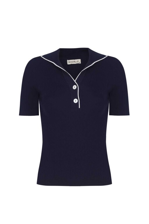 Wide Polo Neck Sweater with Short Sleeve in Dark Blue - 4