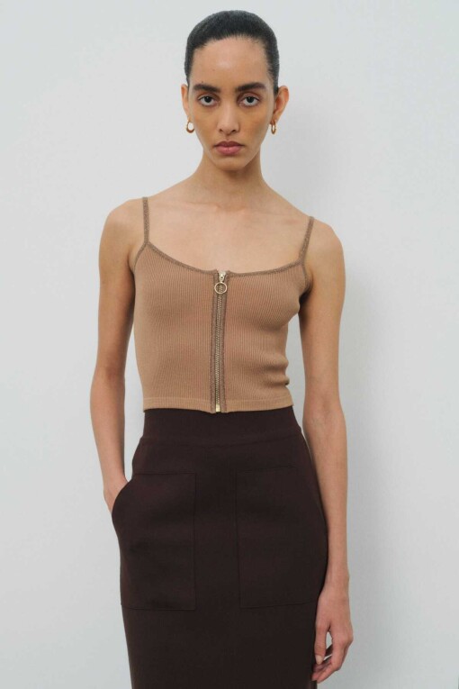 Zipper Detail Camel Crop Top 