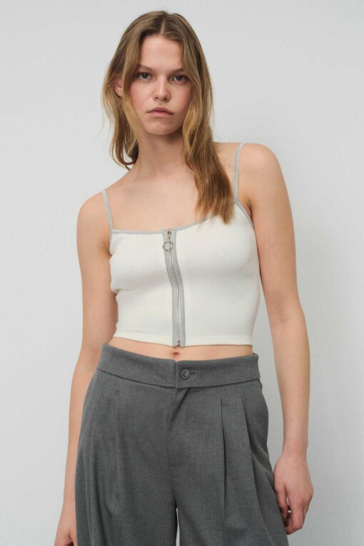 Zipper Detail Ecru Crop Top 